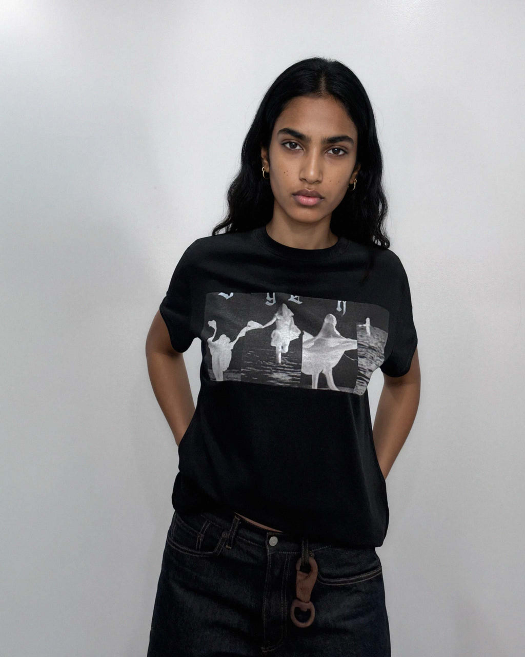Anaon graphic tee, black, photomontage print, front on model