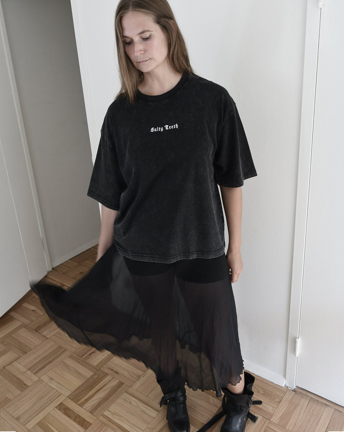 Black | Salt-Eaten Fisherman Shirt worn oversized
